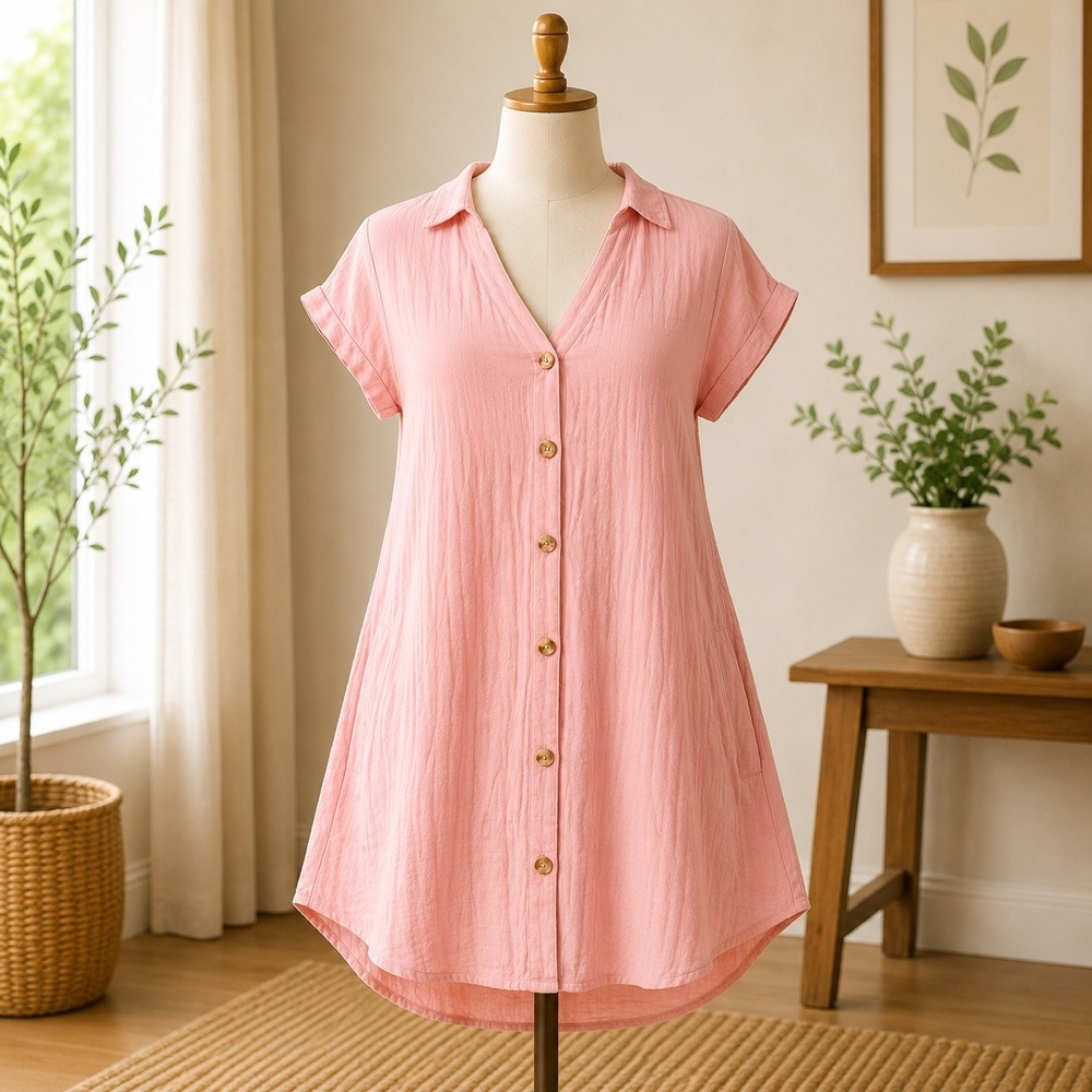 NWT Cupshe Button Up Cover Up Dress Womens XL Pink Short Sleeve CAA07B4A044DD